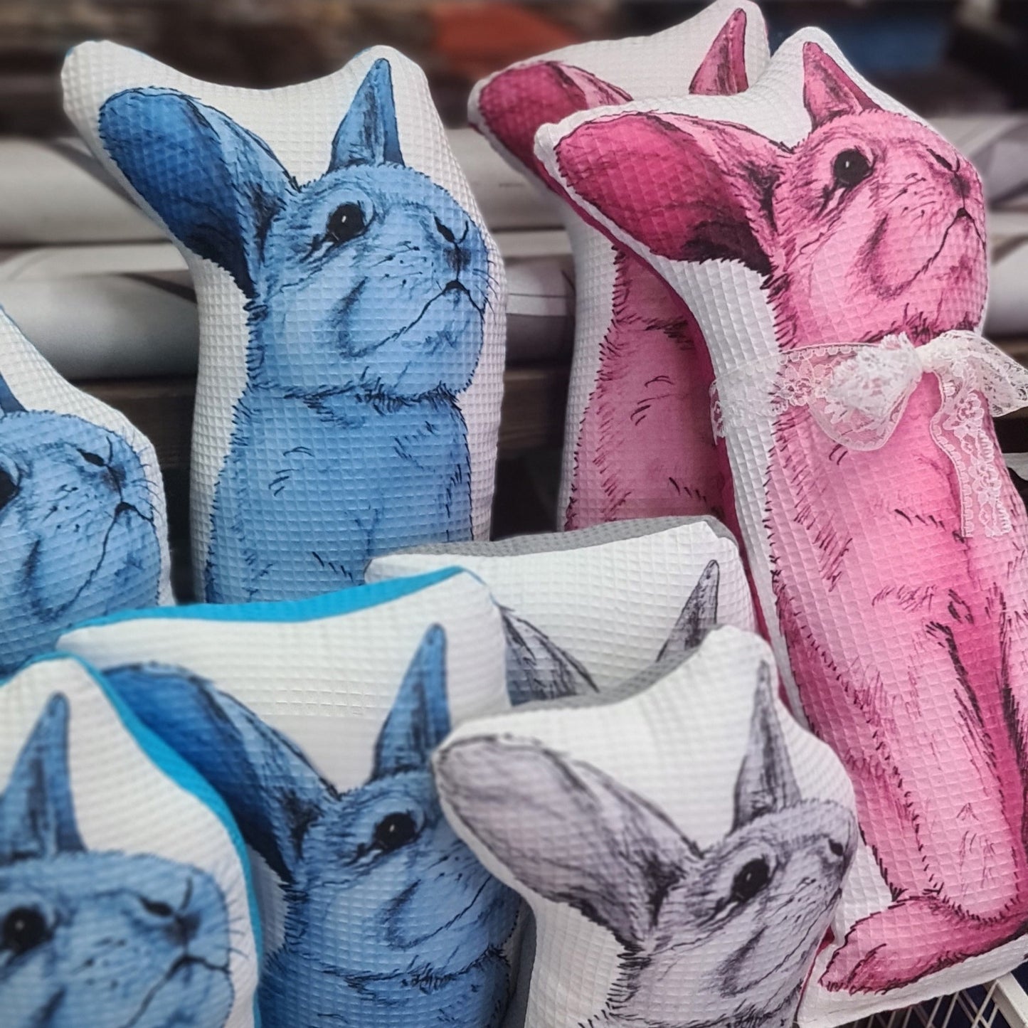 Illustrated decorative pillow of a girl with a rabbit